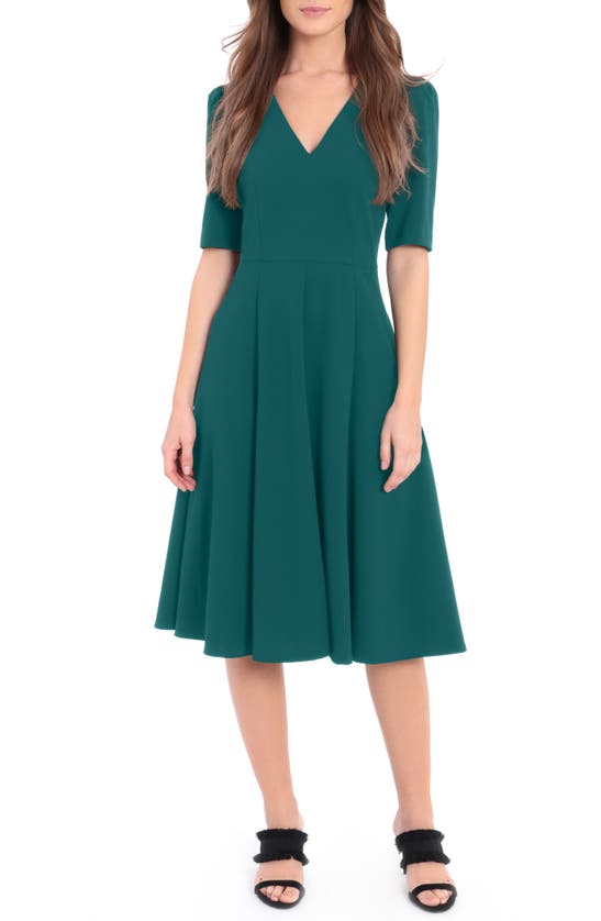Donna Morgan V-neck Fit & Flare Dress In Teal Green