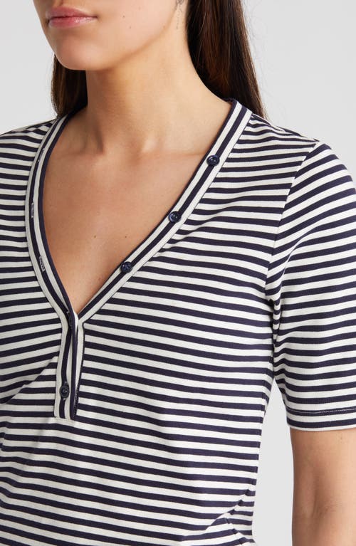 Shop Frame Asymmetric Button Stripe Stretch Organic Cotton Henley In Navy Multi