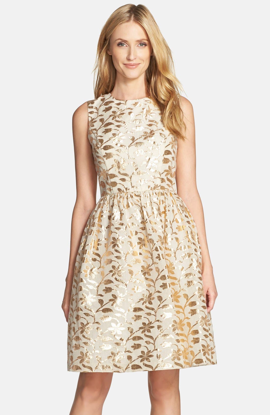 Chetta B Metallic Leaf Jacquard Fit & Flare Dress | Nordstrom