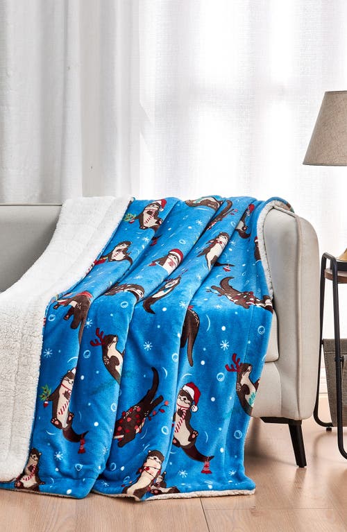 Woven & Weft Holiday Theme Reversible Faux Shearling Throw Blanket In Otters In Snow