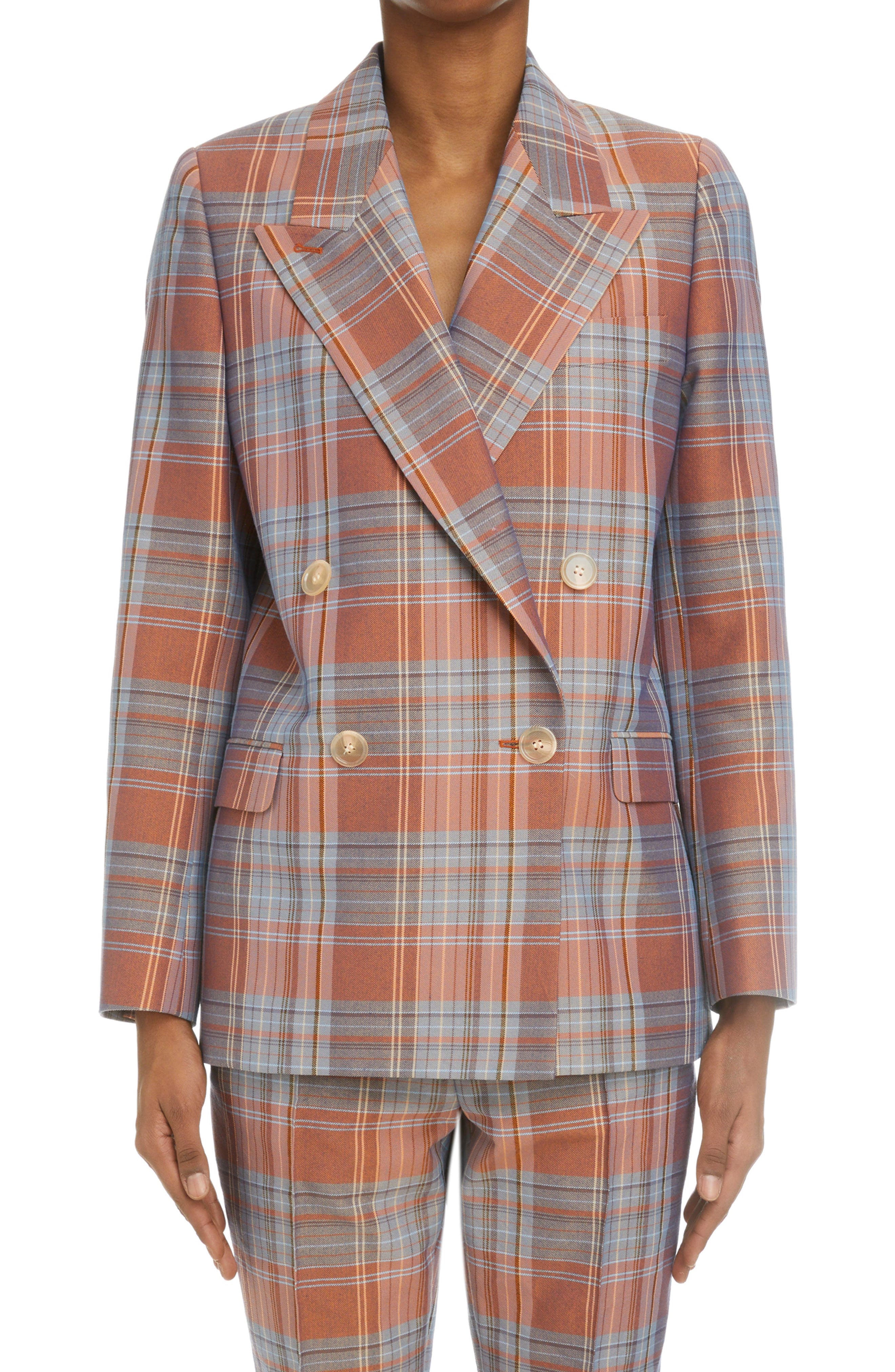 Acne Studios Janny Plaid Double Breasted Suit Jacket in Burgundy/Aqua at Nordstrom, Size 2 Us