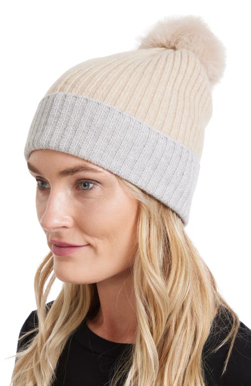 Shop Sofia Cashmere Ribbed Cashmere Knit Beanie With Faux Fur Pompom In Oatmeal/grey