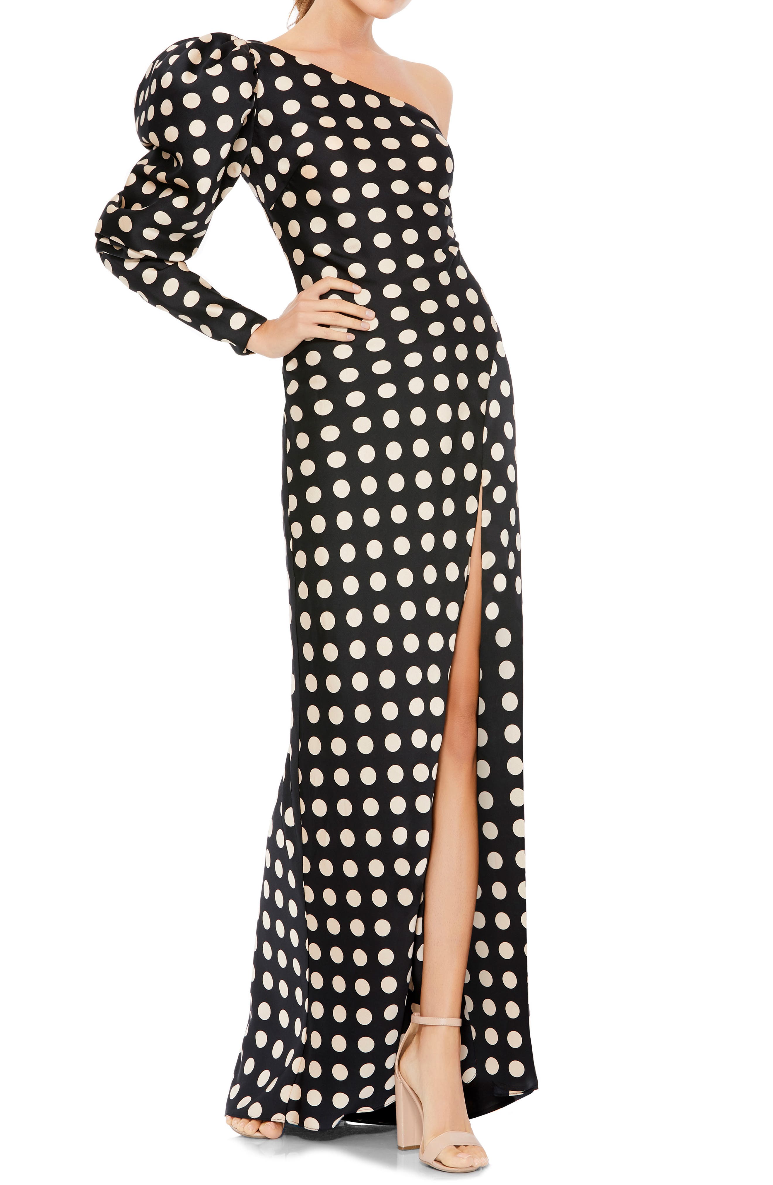 black and white polka dot dress one shoulder