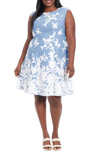 Shop London Times Floral Fit & Flare Dress In Sky/ivory
