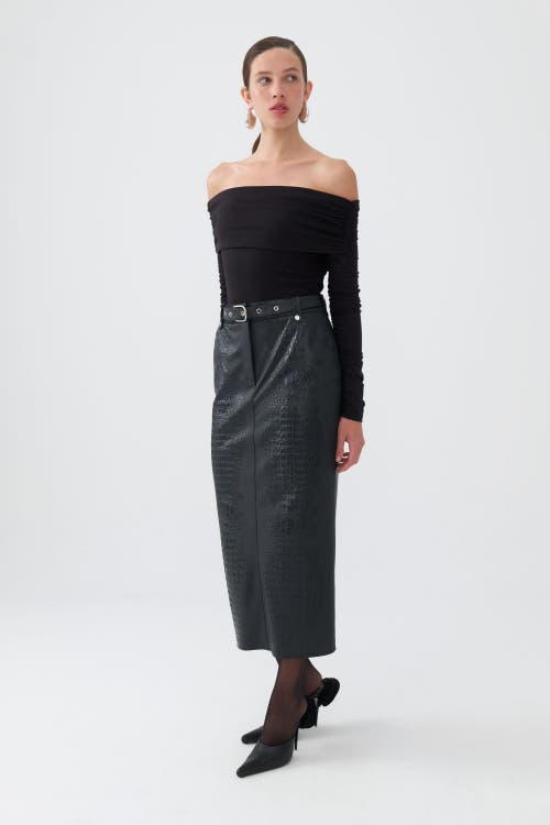 Shop Nocturne Faux Leather Midi Skirt With Belt In Black