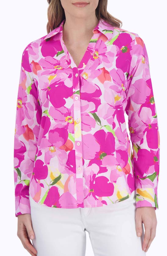 Shop Foxcroft Mary Floral Non-iron Cotton Button-up Shirt In Pink Multi