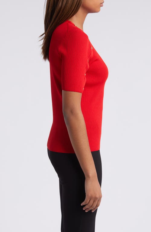 Shop Anne Klein Rib Snap Trim Short Sleeve Crewneck Sweater In Bright Crimson