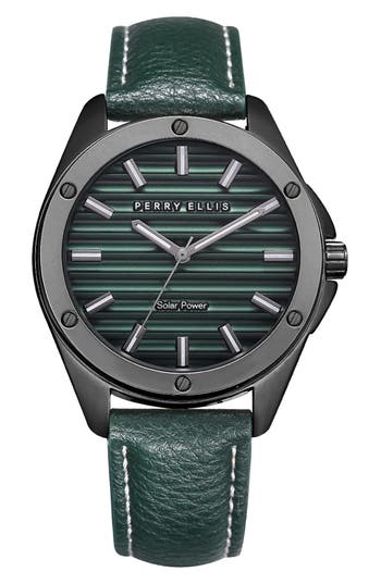 Perry Ellis Solar Powered 3-hand Quartz Strap Watch, 41mm In Gunmetal/green