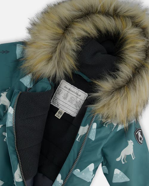 DEUX PAR DEUX DEUX PAR DEUX BABY BOY'S ONE PIECE BABY SNOWSUIT SAGE PRINTED WOLVES DESIGNED FOR CAR SEAT 