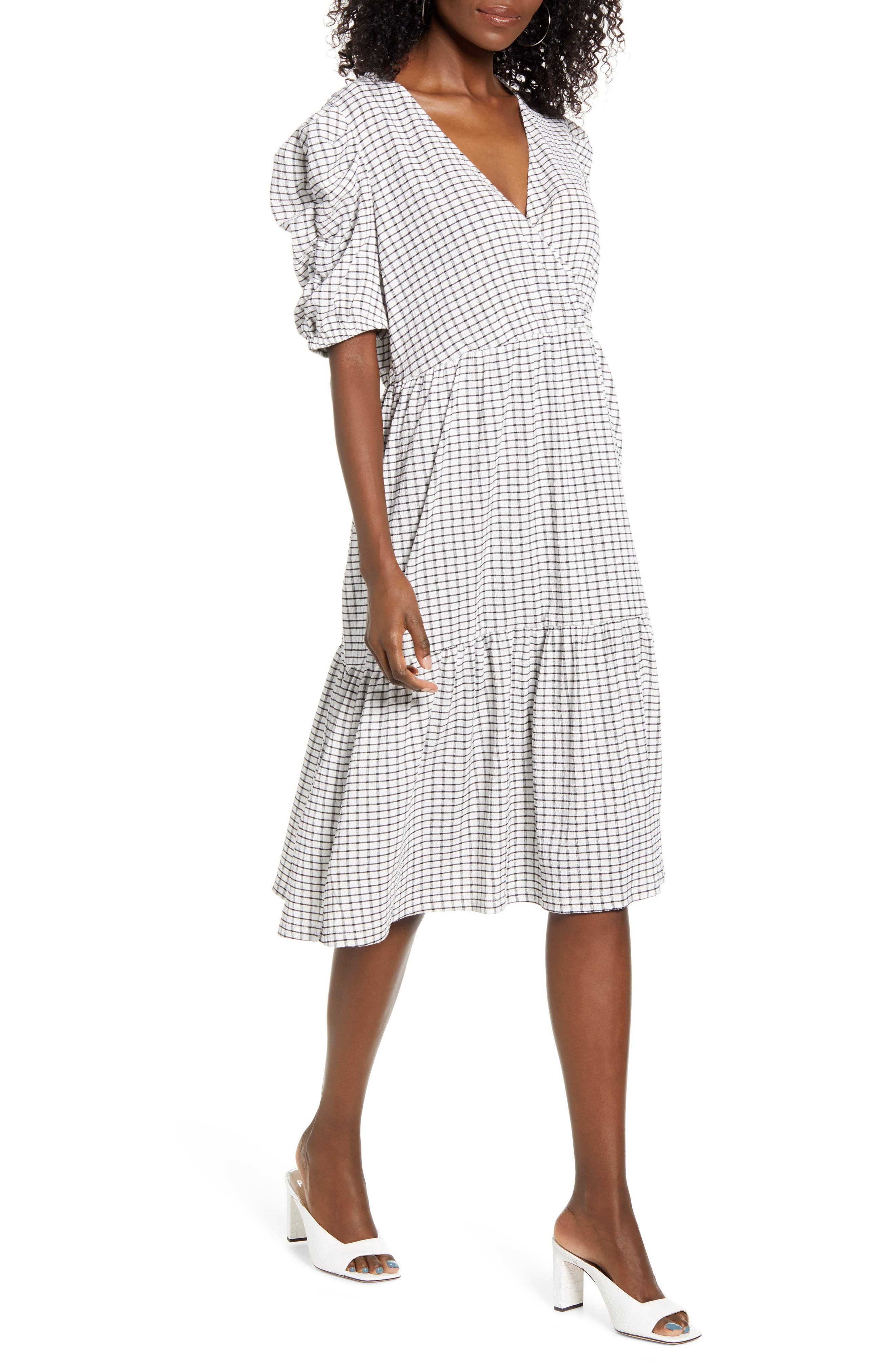 puff shoulder midi dress