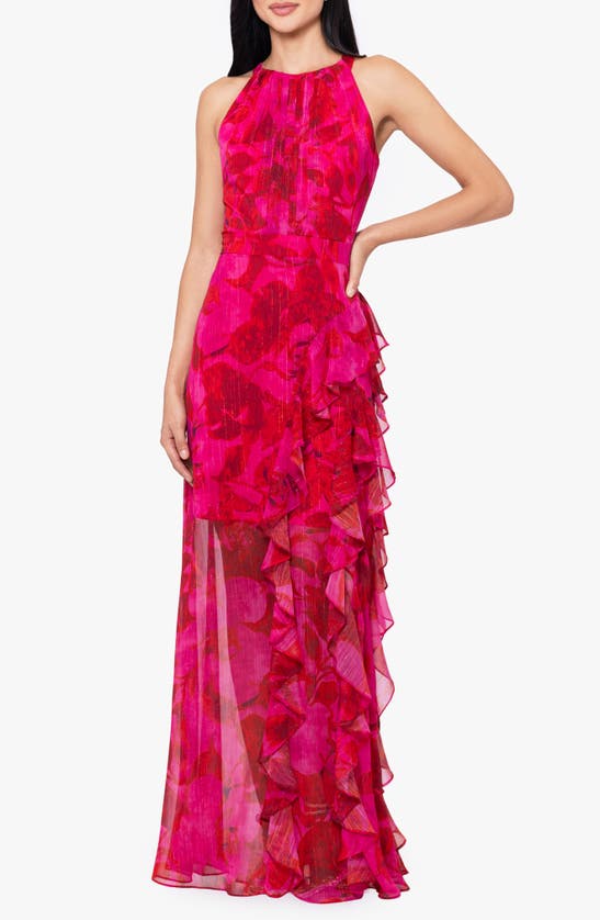 Shop Betsy & Adam Sleeveless Floral Print Gown In Fuchsia/ Poppy