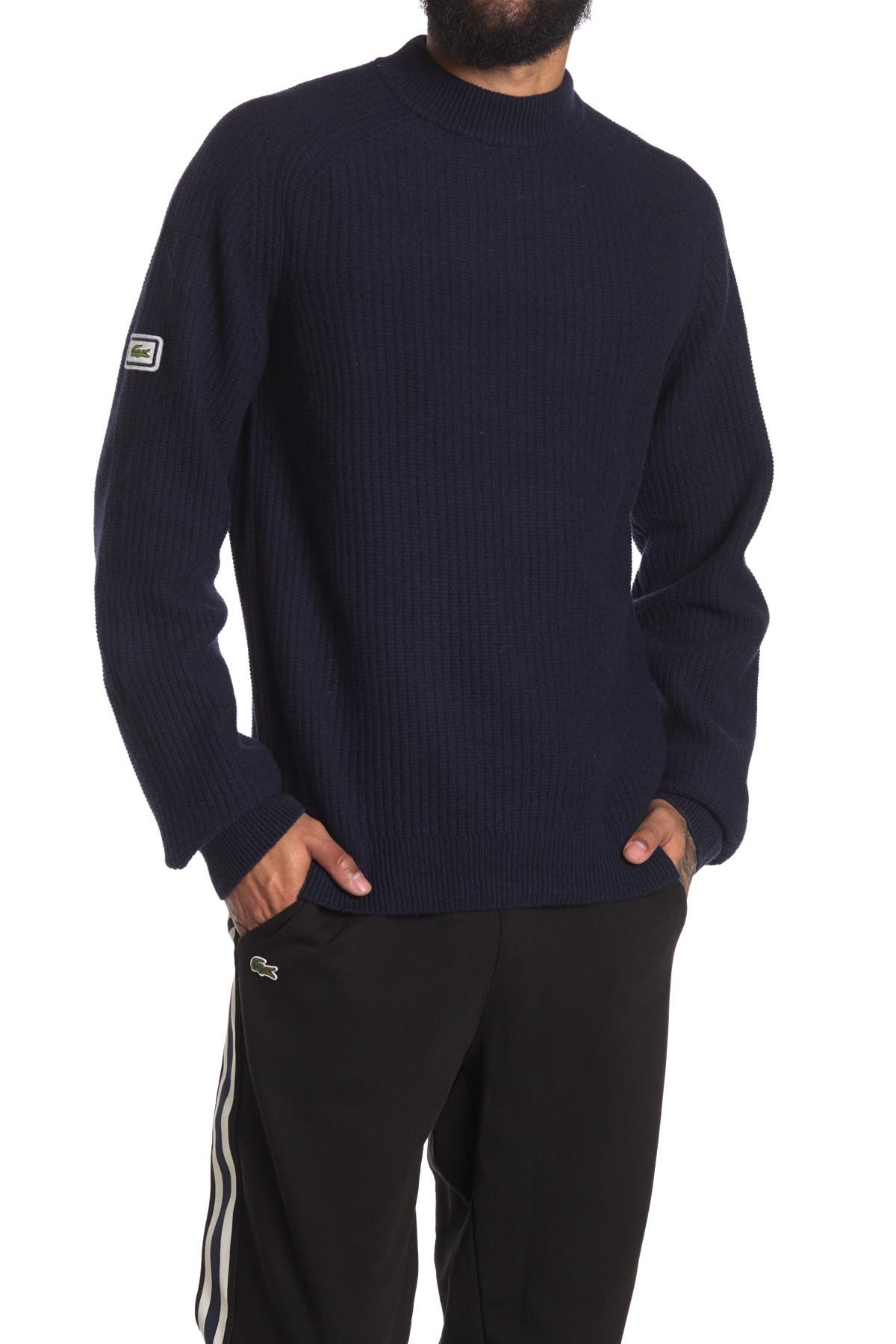 Lacoste Ribbed High Neck Wool Blend Pullover In Marine