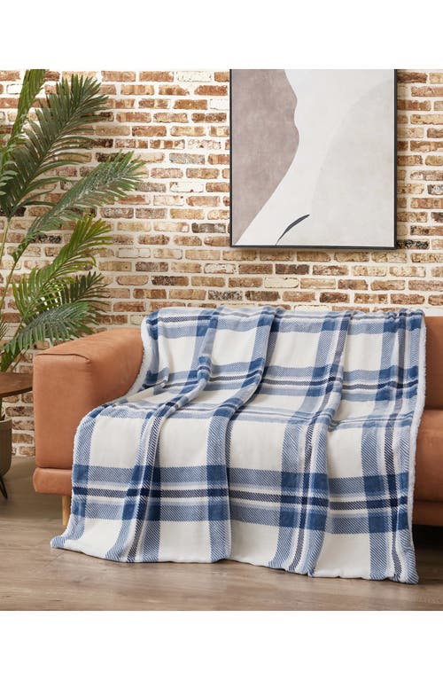 Lucky Brand Plaid Faux Shearling Throw Blanket In Ivory Blue