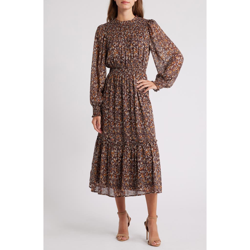 Mila Mae Smocked Tiered Long Sleeve Midi Dress in Wine Multi