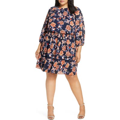 Plus Size Eliza J Floral Crepe Blouson Dress, Blue
