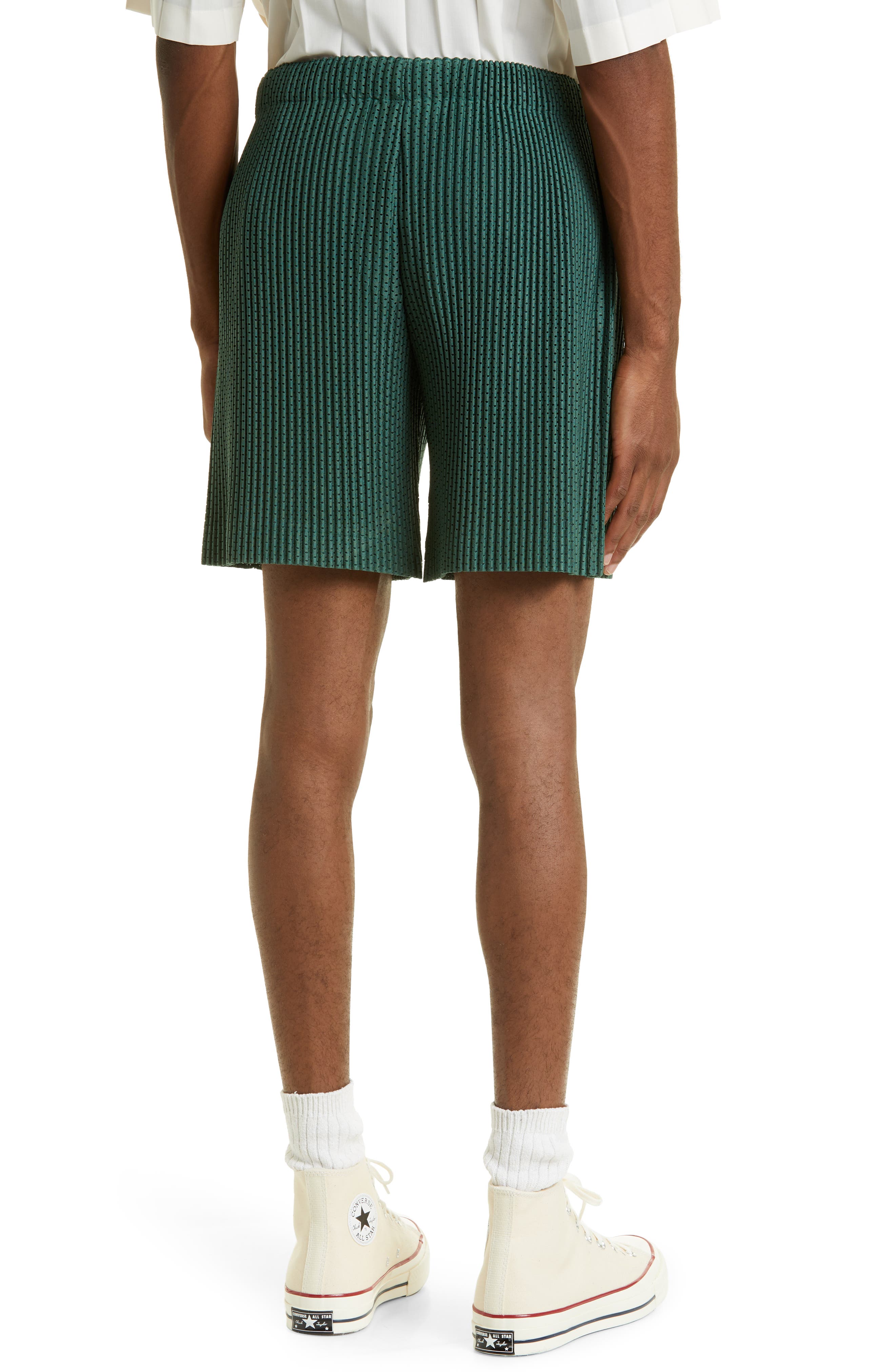 Homme plissé Issey Miyake: Green Pleated Shorts, Men's Designer Clothes