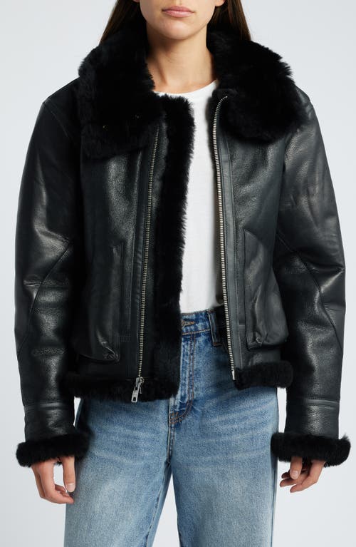 Schott Nyc B-3 Genuine Shearling Lined Leather Bomber Jacket In Ebony