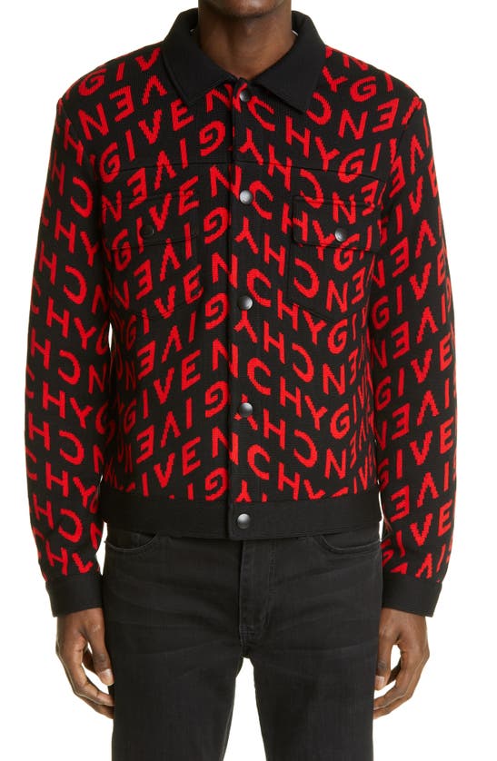 Givenchy Refracted Logo Jacquard Wool Sweater Jacket In Black/red