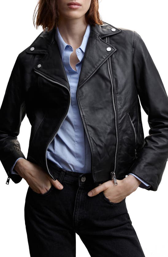 Shop Mango Leather Biker Jacket In Black