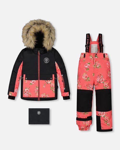 Shop Deux Par Deux Girl's Two Piece Snowsuit Black With Print Pant Printed Coral Flowers