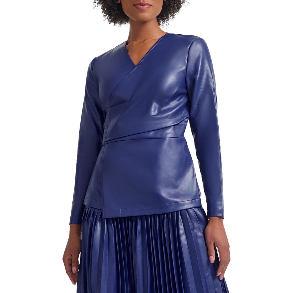 Misook Tailored Fit Vegan Leather Tie Back Jacket In Starry Night Blue