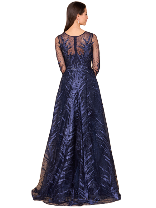 Lara New York High Neck Sheer Long Sleeve Embellished Gown In Navy