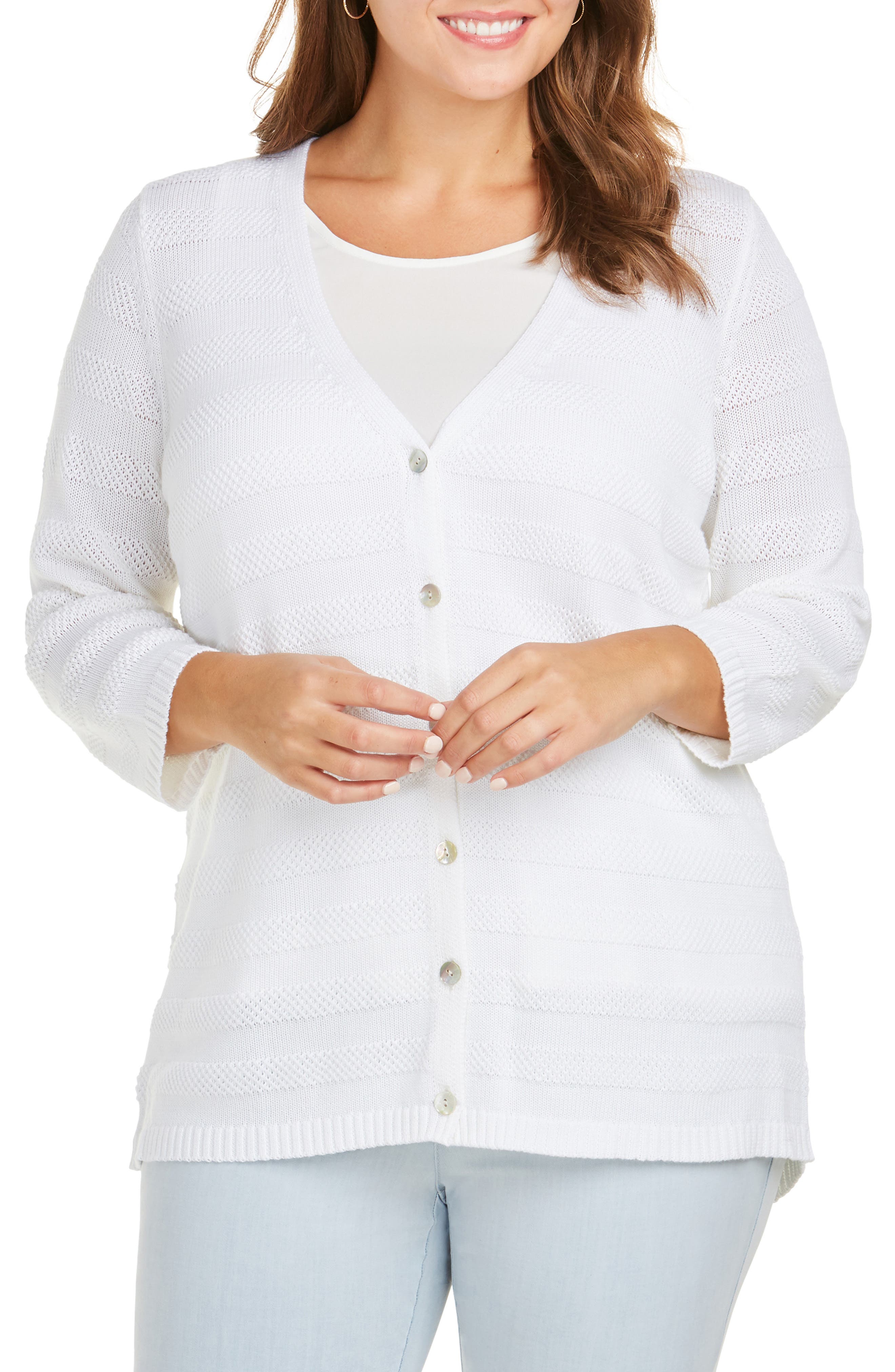 Plus Size Foxcroft Ella Textured Stripe Cardigan, White