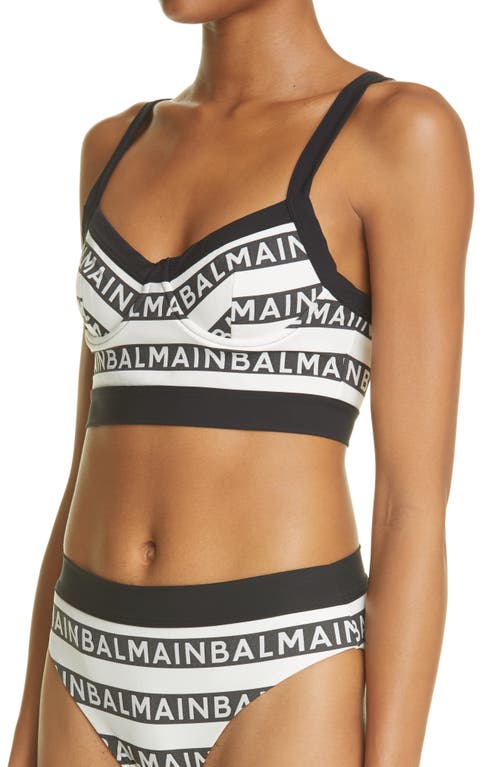 Shop Balmain Logo Stripe Two-piece Swimsuit In White/black