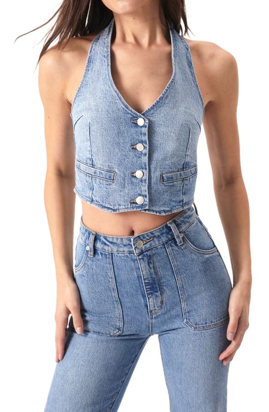 Shop Rolla's Denim Stretch Organic Cotton Halter Top In Organic Mid Blue