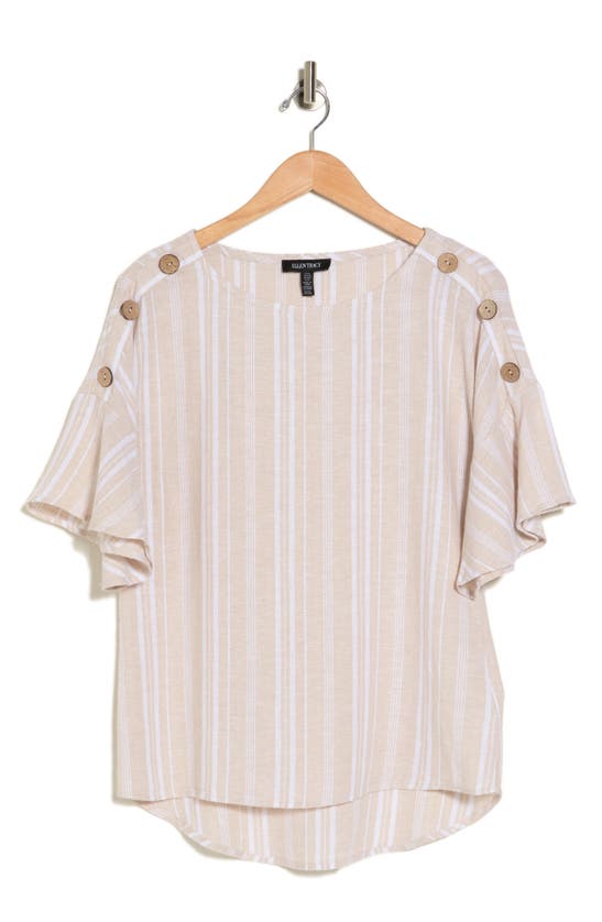 Ellen Tracy Round Neck Button Detail Linen Blend Top In Linen Stripe