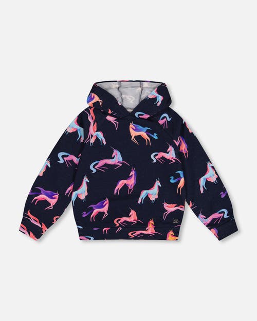 Shop Deux Par Deux Girl's Hooded Sweatshirt Navy Printed Unicorn In Printed Unicorns