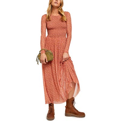 Free People Hello And Goodbye Long Sleeve Floral Maxi Dress, Brown