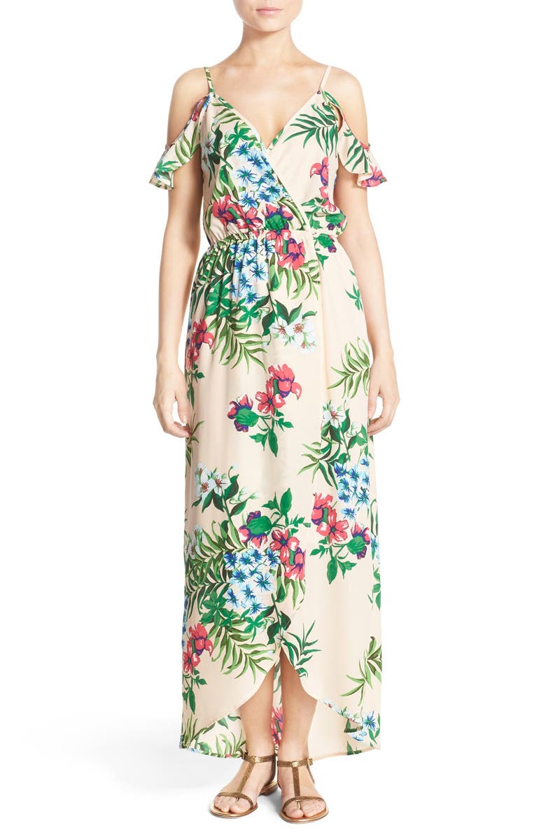 FRAICHE BY J Cold Shoulder High/Low Maxi Dress, Main, color, PEACH