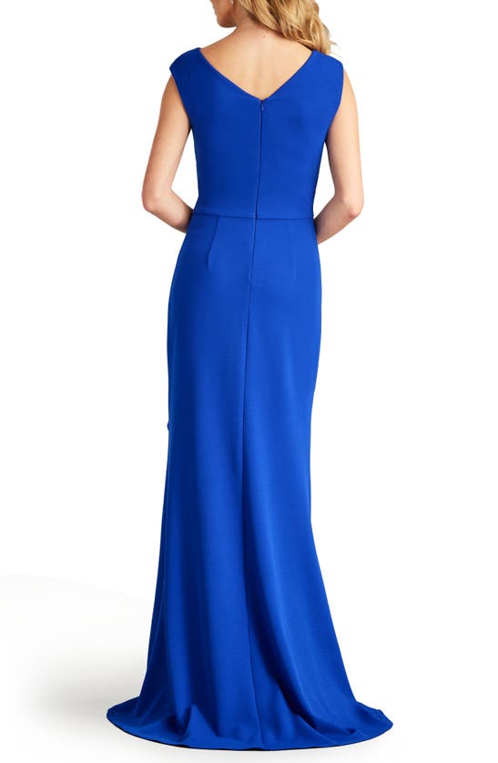Shop Tadashi Shoji Asymmetric Neck Side Ruffle Fit & Flare Gown In Mystic Blue