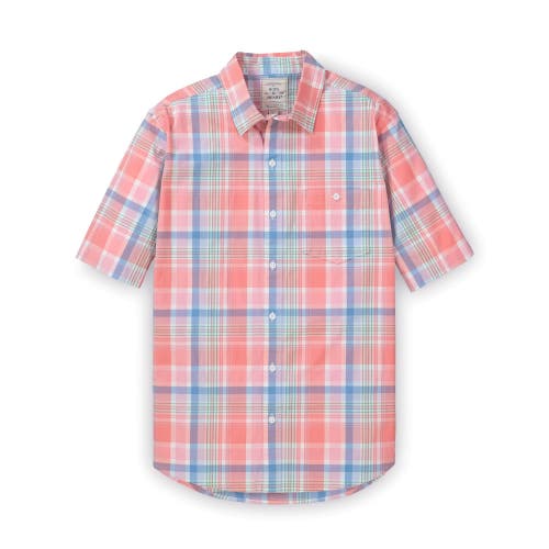 Hope & Henry Mens' Stretch Poplin Short Sleeve Button Down Shirt In Bright Spring Plaid Poplin