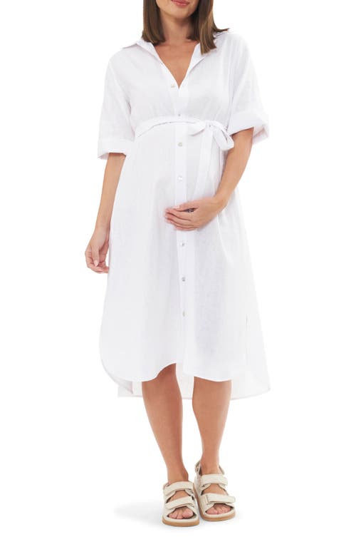 Ripe Maternity Joyce Belted Linen Blend Midi Shirtdress White at Nordstrom,