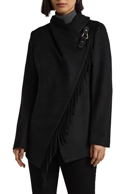 Shop Lauren Ralph Lauren Buckled Asymmetric Wool Blend Jacket In Black