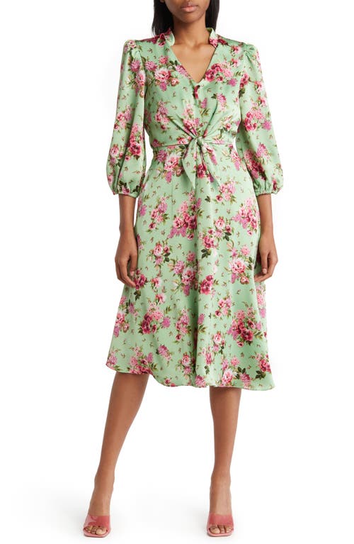 Julia Jordan Floral Print Tie Front Long Sleeve Dress Green Multi at Nordstrom,