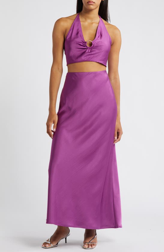 Shop Something New Marie Satin Crop Halter Top In Willow Herb