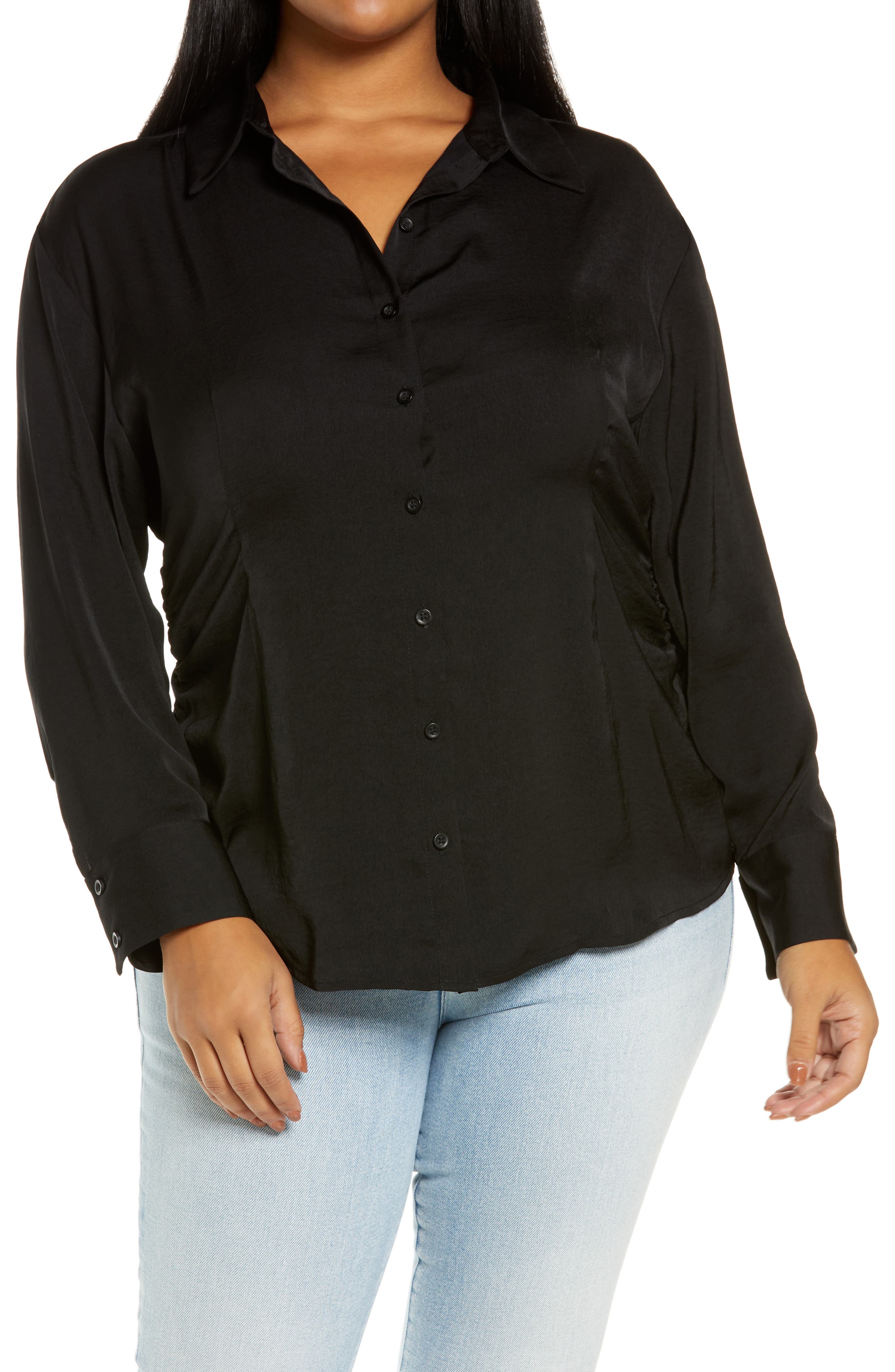 plus size black button down