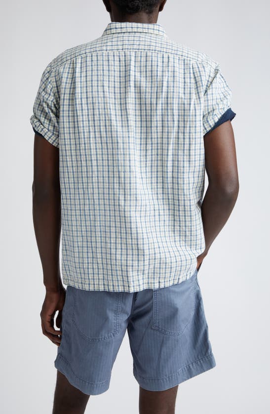 Shop Double Rl Check Short Sleeve Cotton & Linen Button-up Shirt In Indigo/ Creme