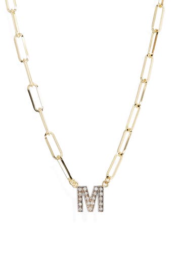 Meshmerise Diamond Initial Charm Paper Clip Chain Necklace In Yellow-m