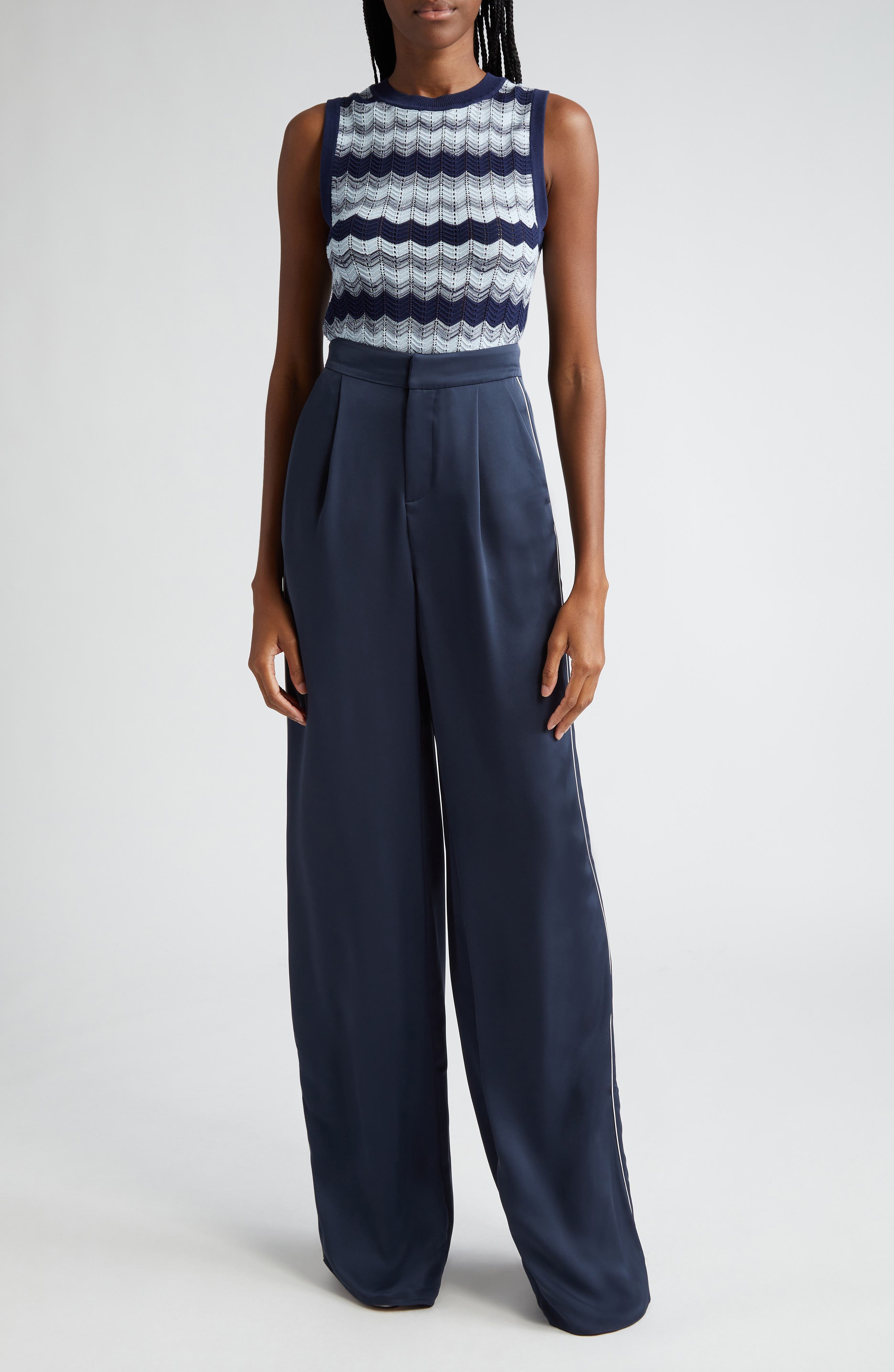 Ramy Brook Lara Side Stripe Satin Pants in Navy | Smart Closet