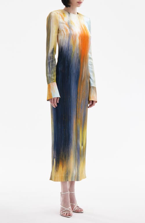 Shop Oscar De La Renta Abstract Brushstroke Print Long Sleeve Midi Dress In Calendula Multi