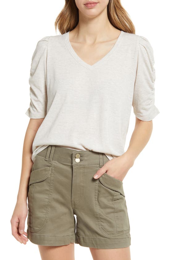 Wit & Wisdom Heathered Ruched Puff Sleeve T-shirt In Heather Jute