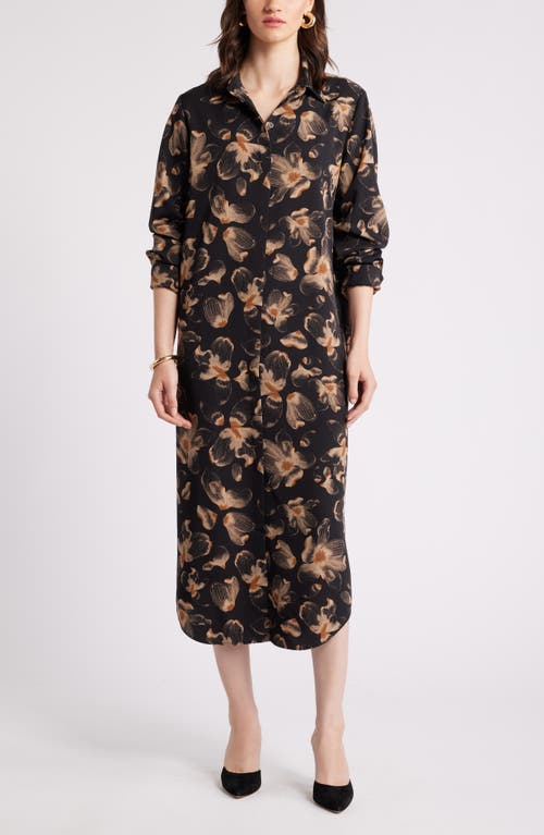 Shop Nordstrom Long Sleeve Satin Midi Shirtdress In Black- Tan Carbon Floral