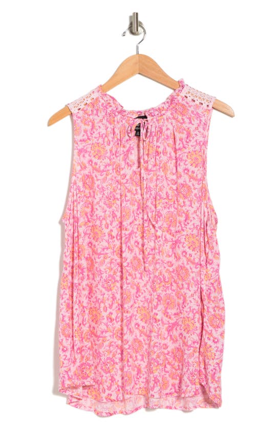 Bobeau Ruffle Spit Neck Sleeveless Top In Pink Floral