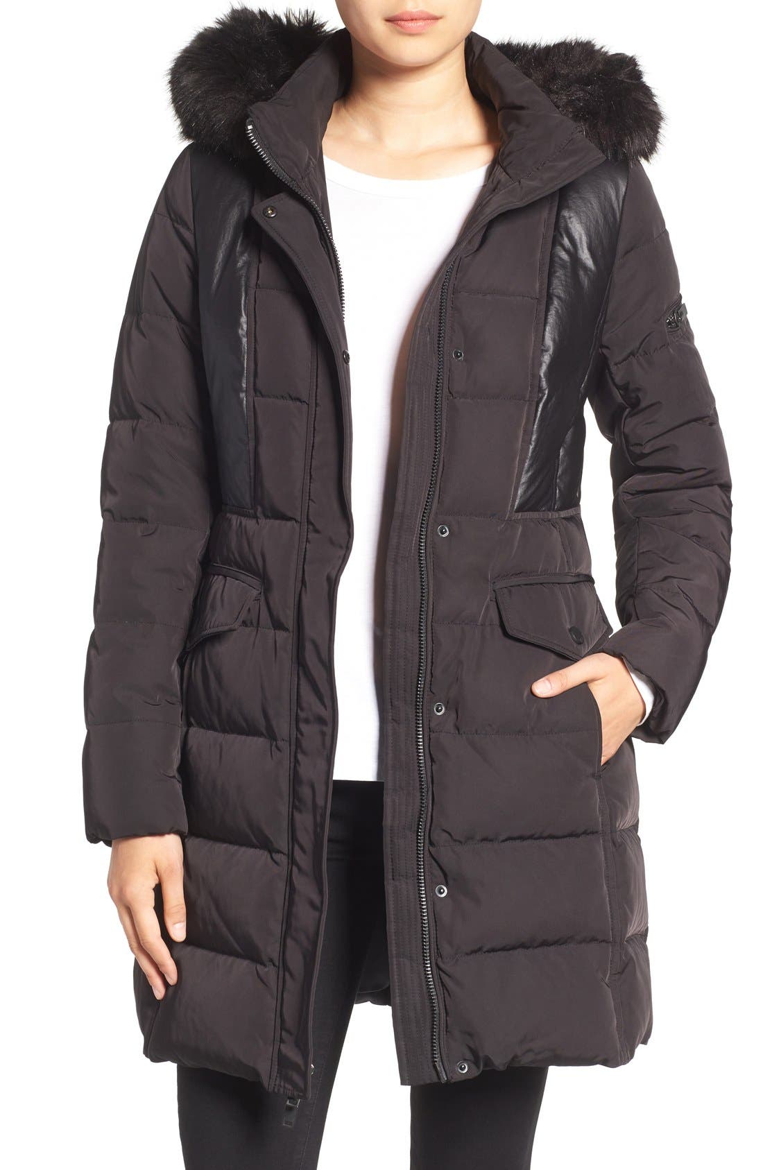 7 For All Mankind Mixed Media Coat with Removable Faux Fur Trim Hood