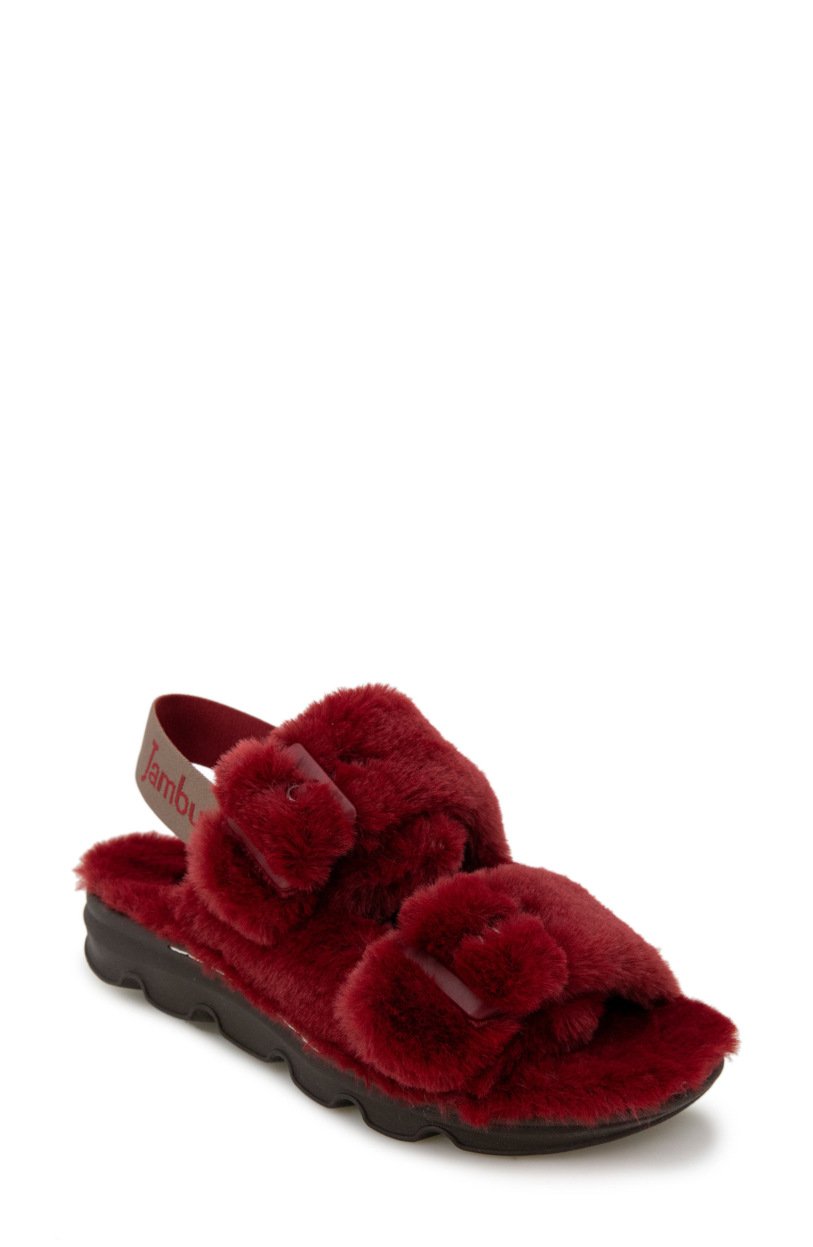 burgundy fuzzy slippers