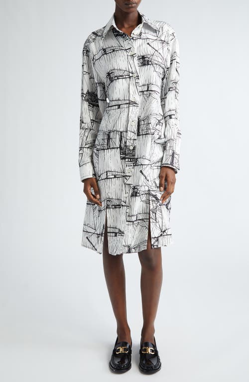 Shop Ferragamo Sailboat Print Long Sleeve Silk Shirtdress In White/nero